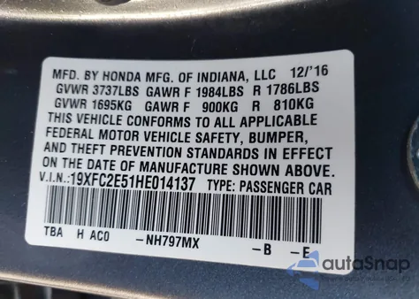 2017 Honda Civic Lx from USA, damaged, VIN 19XFC2E51HE014137
